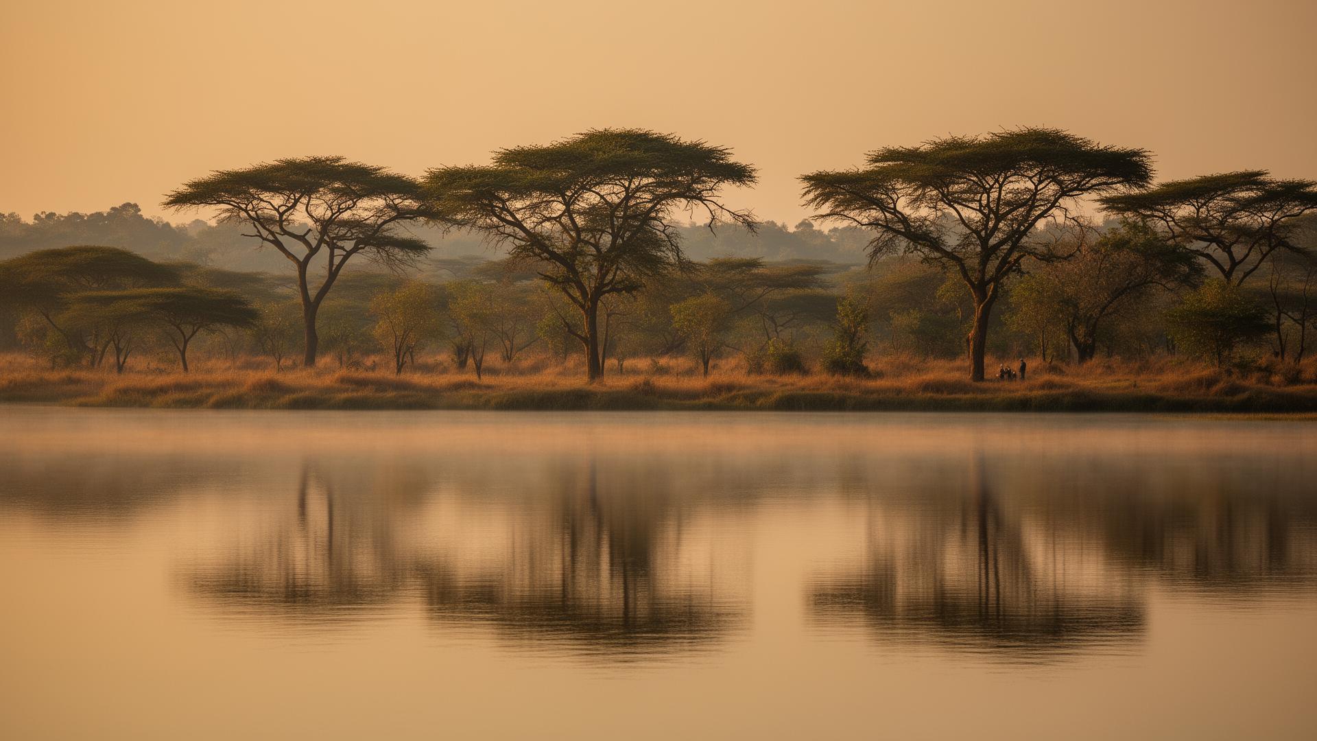 Wilpattu villu lake and dry-zone forest at dawn